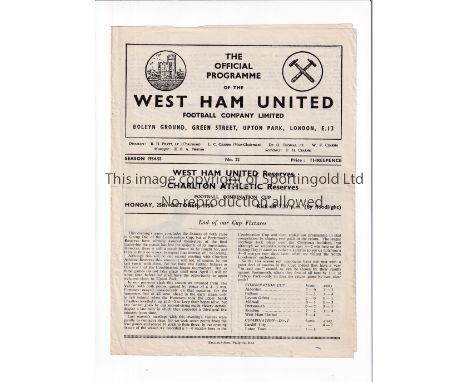 WEST HAM UNITED V CHARLTON ATHLETIC 1954     Programme for the Combination Cup tie at West Ham 25/10/1954, slight horizontal 