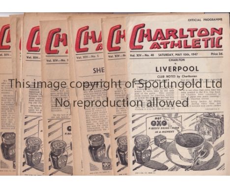 CHARLTON ATHLETIC       Thirteen home programmes for season 1946/7 including 10 League v Liverpool, Middlesbrough, Huddersfie