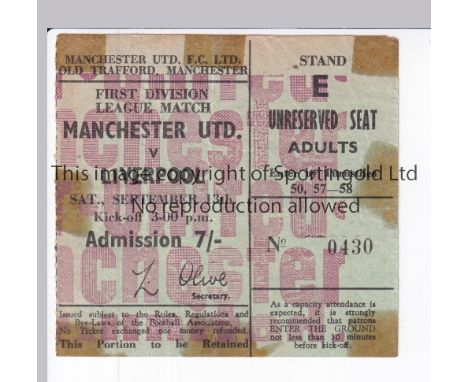 MANCHESTER UNITED       Ticket for the home league match v Liverpool 13/9/1969, tape marks.       Fair