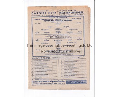 TOTTENHAM HOTSPUR      Single sheet programme for the home Combination Cup tie v Southend 10/1/1948, slightly creased and sli