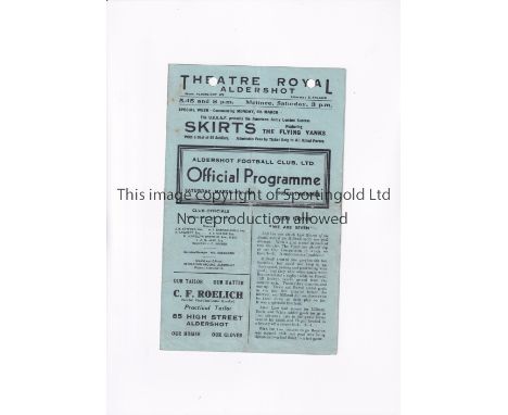 TOTTENHAM HOTSPUR       Programme for the away FL South tie v Aldershot 4/3/1944, folded in four, punched holes to top of pro