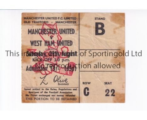 MANCHESTER UNITED       Ticket for the home league match v West Ham United 29/8/1970, tape marks.     Fair