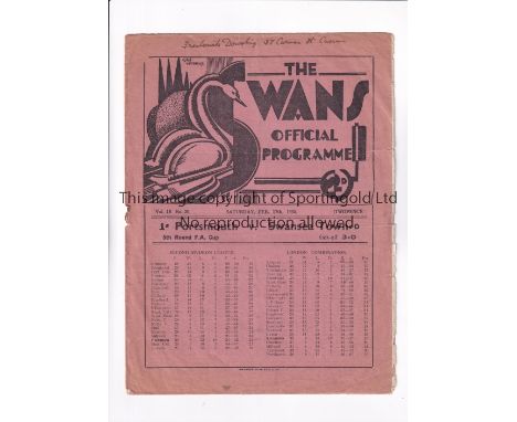 SWANSEA TOWN V PORTSMOUTH 1934 FA CUP        Programme for the tie at Swansea 17/2/1934, staple rusted away, scores entered a