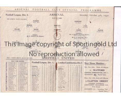 ARSENAL   Programme for the league match at home v Sheffield United 4/10/1930, folded in four and scores entered,   Generally