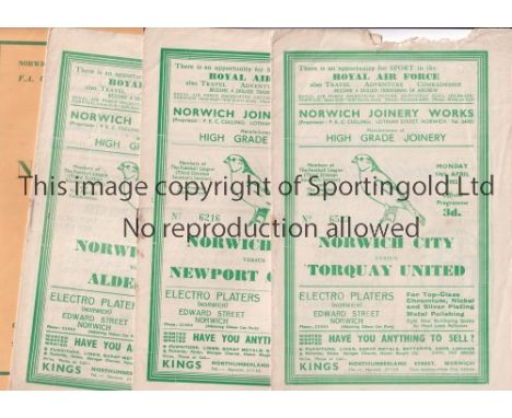 NORWICH CITY      Four home programmes for season 1951/2 v Torquay, paper loss at the top, Newport, scores entered, Aldershot
