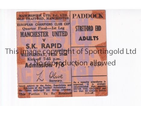 MANCHESTER UNITED       Ticket for the home European Cup tie v S.K. Rapid 26/2/1969, tape marks.    Fair