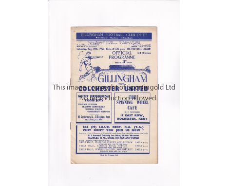 GILLINGHAM V COLCHESTER UNITED 1950 / FIRST EVER LEAGUE MATCH      Programme for the opening League match of the 1950/1 seaso