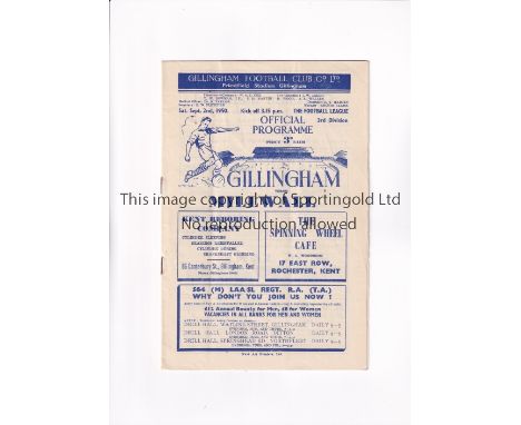 GILLINGHAM / 1950-1 FIRST SEASON BACK IN THE LEAGUE     Programme for the home League match v Millwall 2/9/1950.    Good