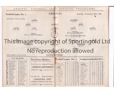 ARSENAL   Programme for the league match at home v Liverpool 28/11/1931, slight horizontal crease.   Generally good