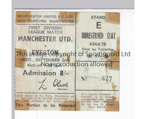 MANCHESTER UNITED       Ticket for the home league match v Everton 2/9/1970, tape marks.     Fair