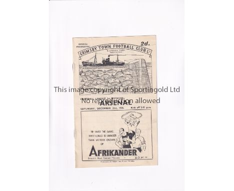 ARSENAL     Programme for the away League match v Grimsby Town 21/12/1946, slightly creased and team change.       Generally 