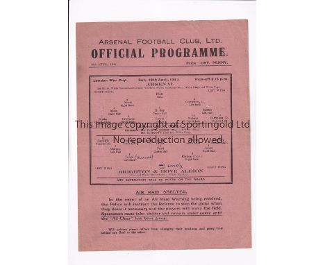ARSENAL  Single sheet programme for the home London War cup tie v Brighton on 18/4/1942, slightly folded in four.   Generally