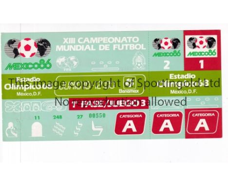 1986 WORLD CUP      Unused ticket for Argentina v Bulgaria 10/6/1986 at the Olympic 68 Stadium. Staple holes on the left.   G