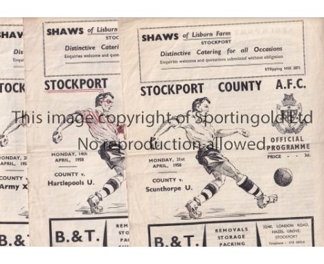 STOCKPORT COUNTY     Four home programmes for season 1957/8 v Scunthorpe, Hartlepools, writing on the cover and Friendlies v 