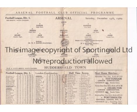 ARSENAL   Programme for the league match at home v Huddersfield Town 14/12/1929, folded in four, slightly creased.   Generall