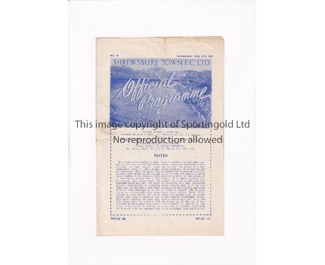 SHREWSBURY TOWN V WESTERN COMMAND 1951 / FIRST LEAGUE SEASON      Programme for the Friendly at Shrewsbury 17/2/1951 in their