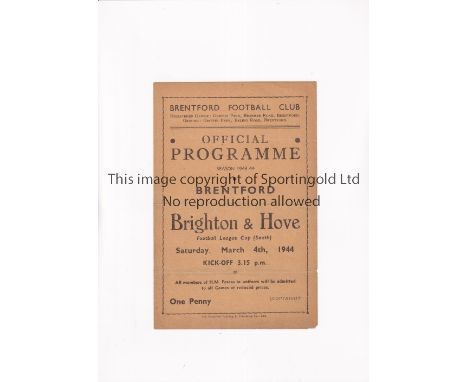 BRENTFORD V BRIGHTON 1944  Programme for the FLS Cup tie at Brentford on 4/3/1944, horizontal creases, scores entered and tea