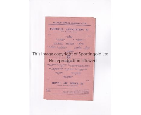 F.A. XI V R.A.F. XI AT DULWICH HAMLET F.C. 1940      Gatefold programme for the match 30/3/1940, slightly creased. Includes p