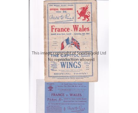 RUGBY UNION 1929 WALES V FRANCE   Programme and ticket for the match in Wales 23/2/29. Programme is creased, worn with old ta