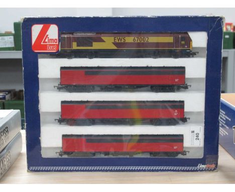 A Lima Jouef "OO" Gauge #L149619 EWS Class 67 Outline Diesel Locomotive and Three Railcars Train Pack, untested for working o