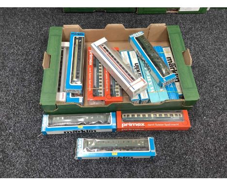 Approximately Fifteen "HO" Gauge Continental Outline Coaches, mostly by Marklin, boxed.