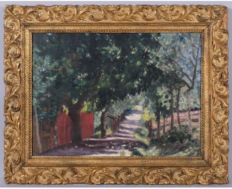 Farm track, mid-20th century oil on canvas, signed with indistinct monogram, 33cm x 46cm, framedRepaired tear near bottom edg