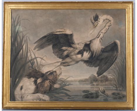 Heron and Spaniel, early 19th century lithograph, 47cm x 59cm, framed and glazedSlight paper discolouration