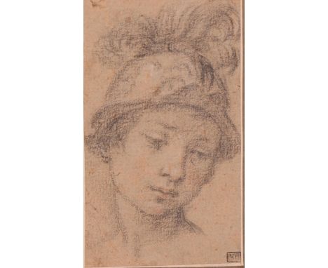 17th century Italian School, Classical figure wearing a helmet, charcoal/chalk on paper, collector's stamp of William Bateson