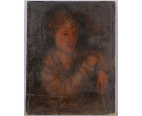 Portrait of a boy, 19th century oil on canvas laid on board, inscribed verso, 59cm x 46cm, unframedThere appears to be a repa