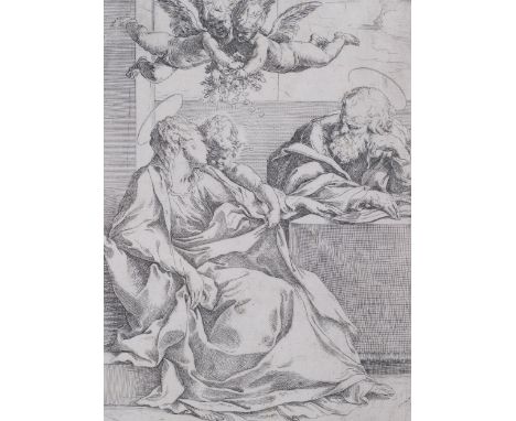 Guido Reni (1575 - 1642), the Holy Family with 2 angels, etching, circa 1610, plate 22.5cm x 15cm, sheet 26cm x 18.5cmNo crea