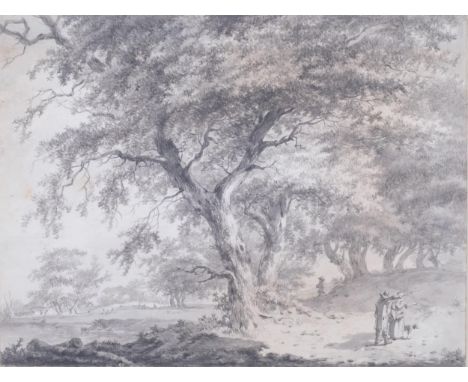Herman van Brussel (1763 - 1815), wooded landscape with figures, black chalk with black and grey wash, 24cm x 32cm, provenanc