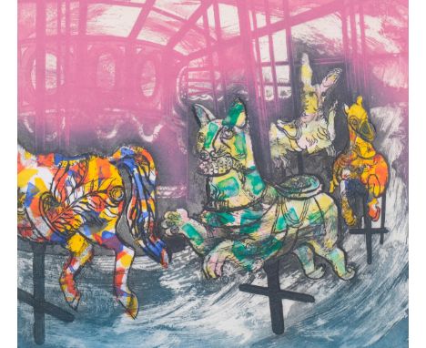 Lorna Maynard, carousel, coloured etching, artist's proof, no. 3/4, signed in pencil, image 29cm x 32cm, framedVery slight pa