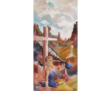 James Meikle Guy (1909 - 1983), surrealist landscape, oil on canvas, signed with monogram, 36cm x 18cm, framed Good condition