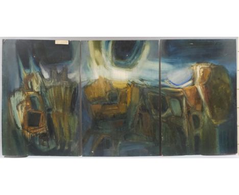 Colin Saxton (1927 - 2013), abstract composition, triptych of oils on board, title verso, each panel 122cm x 81cmSeveral pain