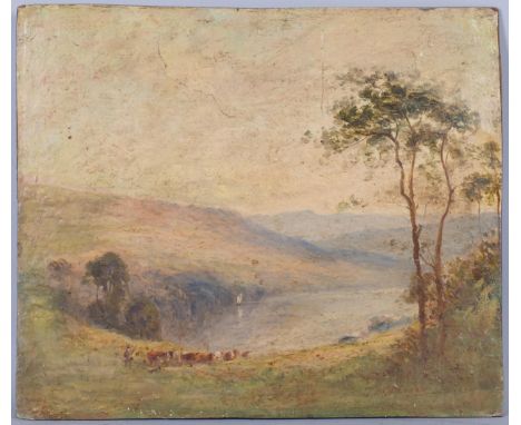 Follower of JMW Turner, cattle in extensive landscape, oil on wood panel, signed, 32cm x 38cm, unframedSeveral light surface 