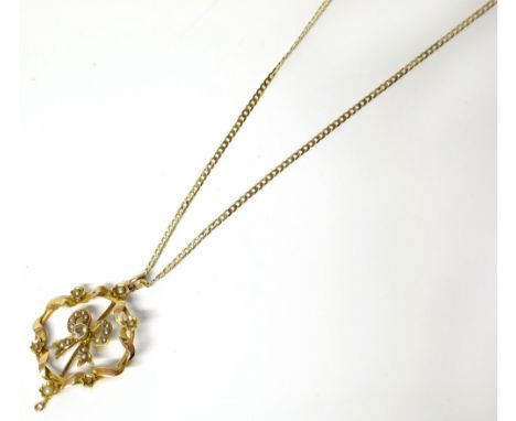 Edwardian 9ct gold seed pearl pendant on a modern 9ct gold chain Condition reports are not available for the Interiors Sale.