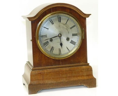 A mahogany mantel clock with silvered dial, Chester maker. Two-train movement striking on a double gong. Condition reports ar