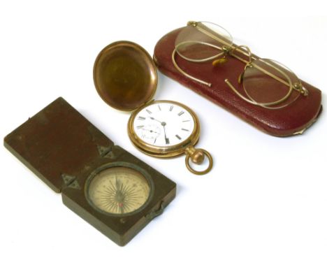 "Star" gold plated top wind pocket watch, pair spectacles with gold plated fittings in case, small 19th century paper compass