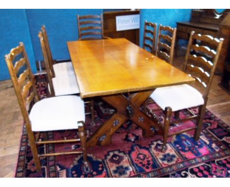 Jacobean style refectory style table 178 x 87cm on X frame base and six ladder-back chairs (2 carvers). Condition reports are