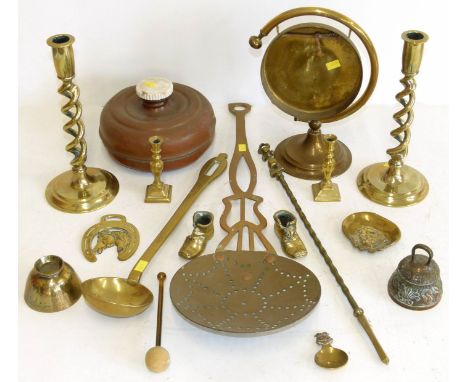 Pair of brass open weave barley-twist candlesticks, gong, brass ladle, brass 'peerage' skimmer etc. Condition reports are not