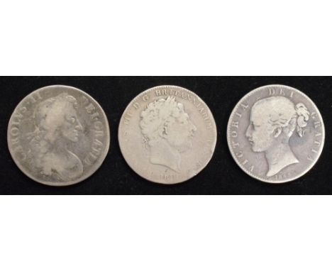 Three historical silver Crowns to include King Charles II, Crown, 1682, T. QVARTO, silver, weight 29.1g, S.3359, F., King Geo