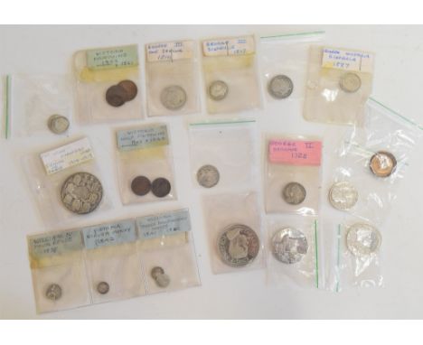 Collection of assorted historical coinage to include William III, Sixpence, B (Bristol), 1697, George II, Sixpence, 1758, Geo