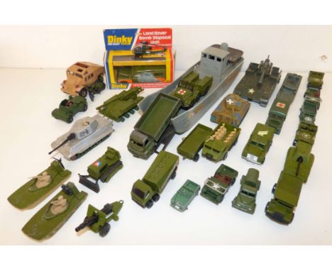 Matchbox landing craft, DAF ambulance, three ton wagon, two Swamp Rats, Jeeps, Solido Tank, Dinky bomb disposal Land Rover an