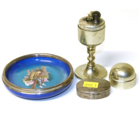 E.P.N.S ships lighter reading "T.S.S.C" Ameronia, a silver pill box and a ceramic dish with silver rim Condition reports are 