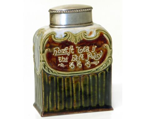 Doulton Lambeth tea caddy inscribed with "Honest tea is the best policy" with Chester silver mounts Condition reports are not