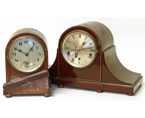 Edwardian mahogany and inlaid Napoleon hat 8-day mantel clock with Westminster chime, German movement and small dome top cloc