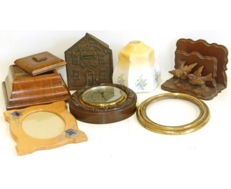 Victorian barometer, cast iron money box, wall shelf, two frames, lampshade, walnut box Condition reports are not available f