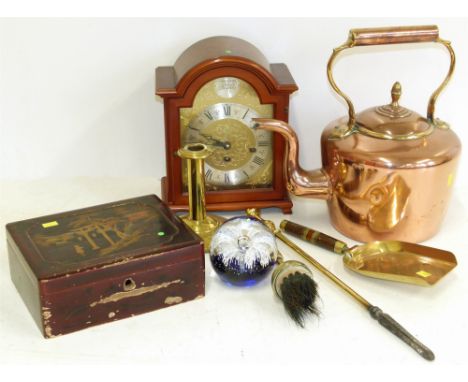 Oriental lacquered box, reproduction mantel clock, glass paperweight, Geo. copper kettle with acorn finial etc. Condition rep