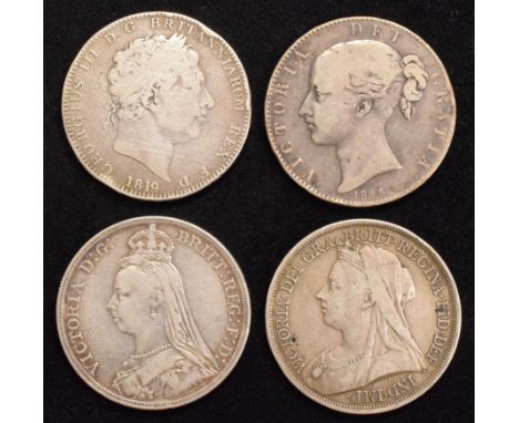 Four assorted Crowns to include King George III, Crown, 1819, LIX, Laureate head r. R. Pistrucci's St. George and dragon with