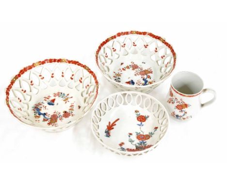 Pair of Early English porcelain reticulated circular chestnut baskets, probably Worcester, painted with birds and foliage wit